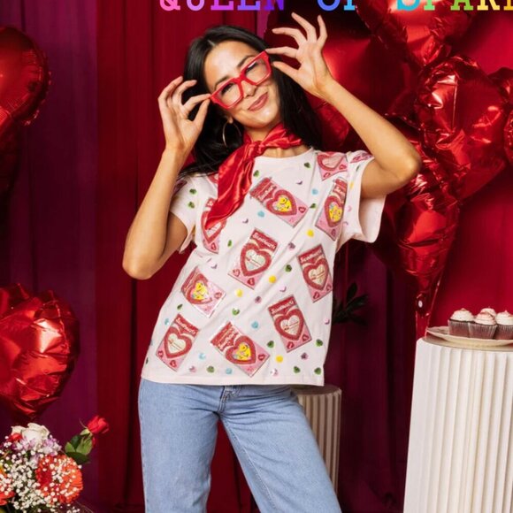 QUEEN OF SPARKLES Tops - NWT Queen of Sparkles Light Pink Sweetheart Boxes Tee